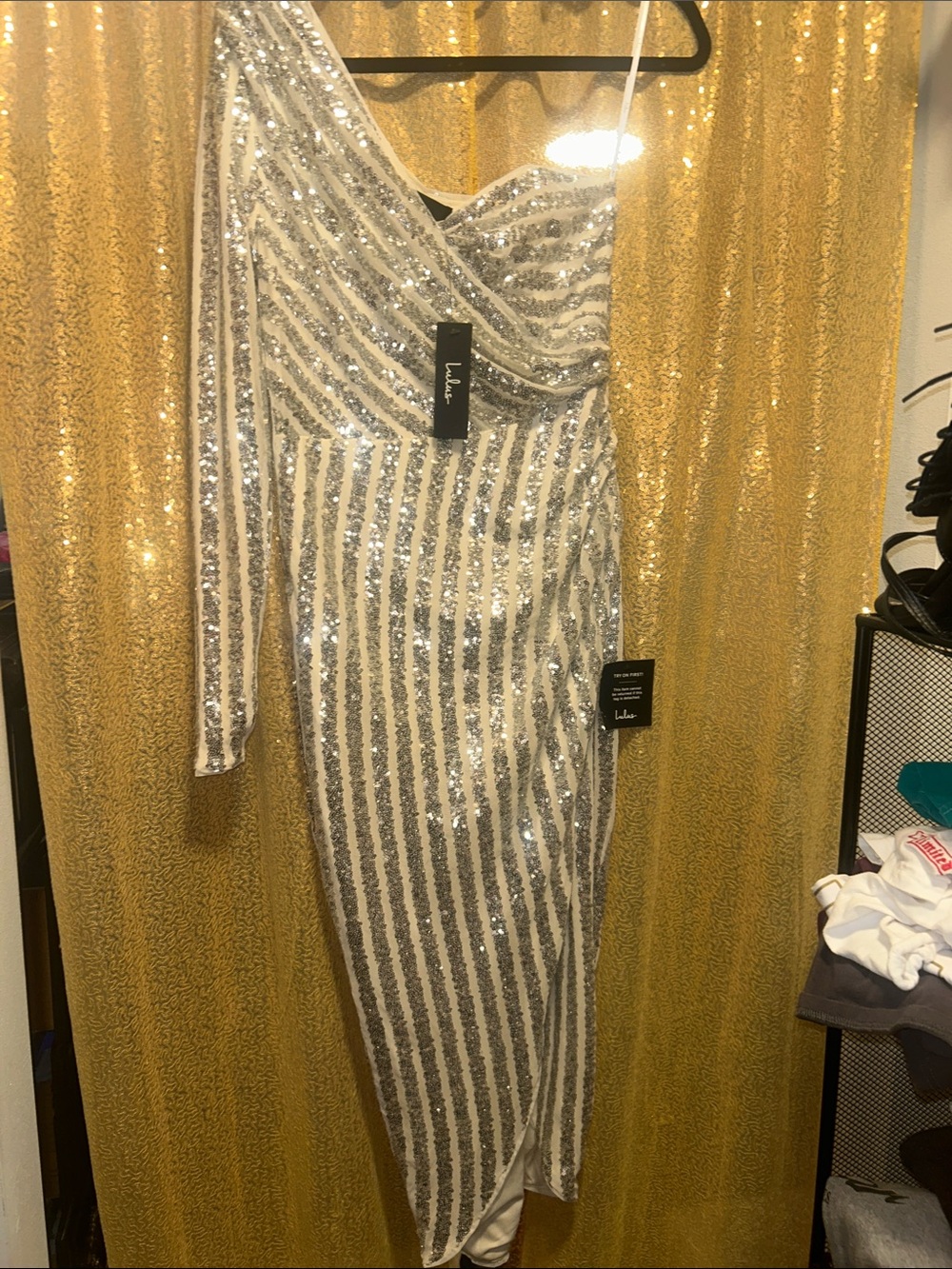 NWT- Lulu's Silver Sequin One-Shoulder Striped Midi Dress